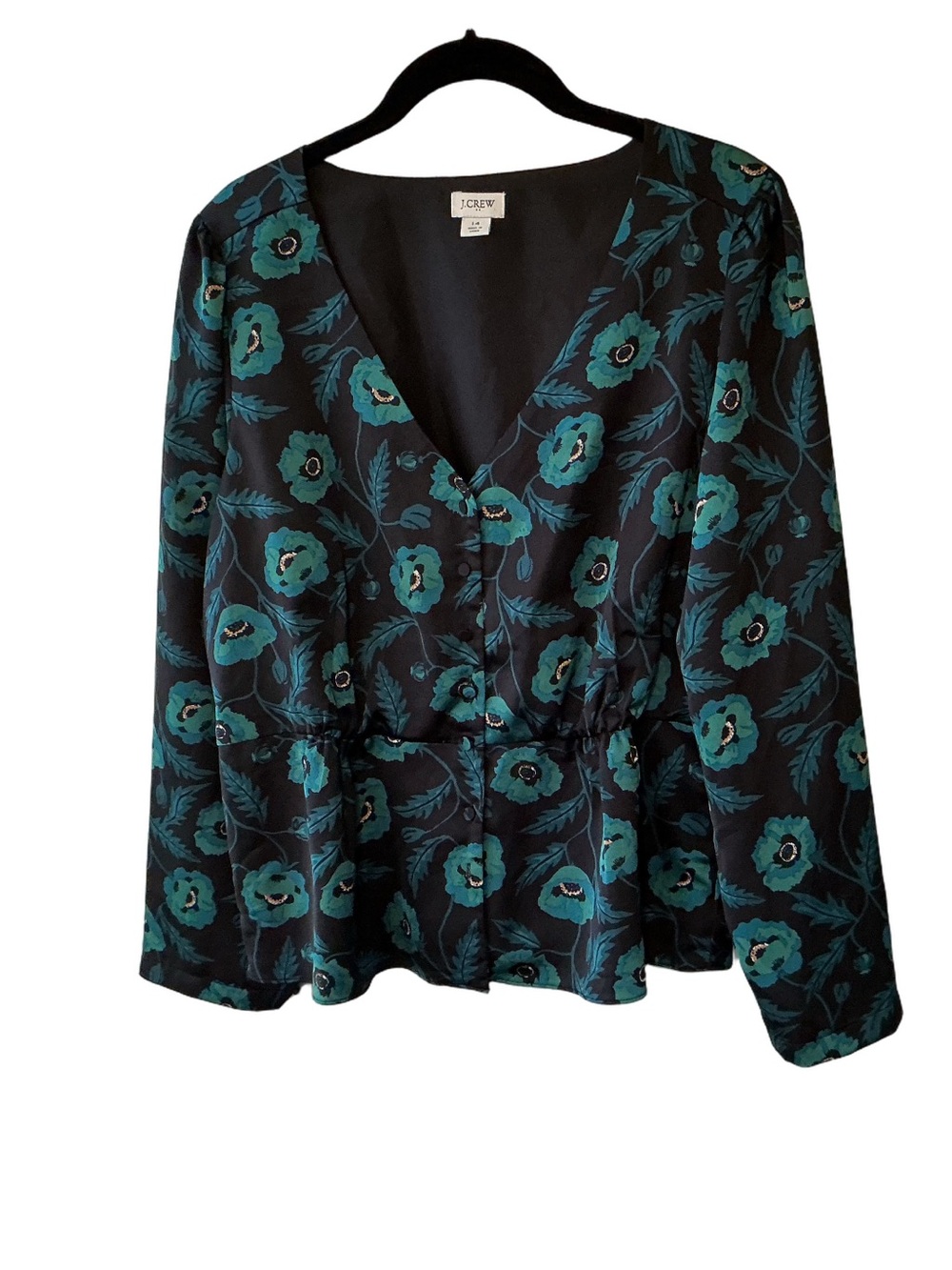 J.Crew Factory Satin-Back Crepe Button-Front Peplum Blouse Black Teal 14 AG672